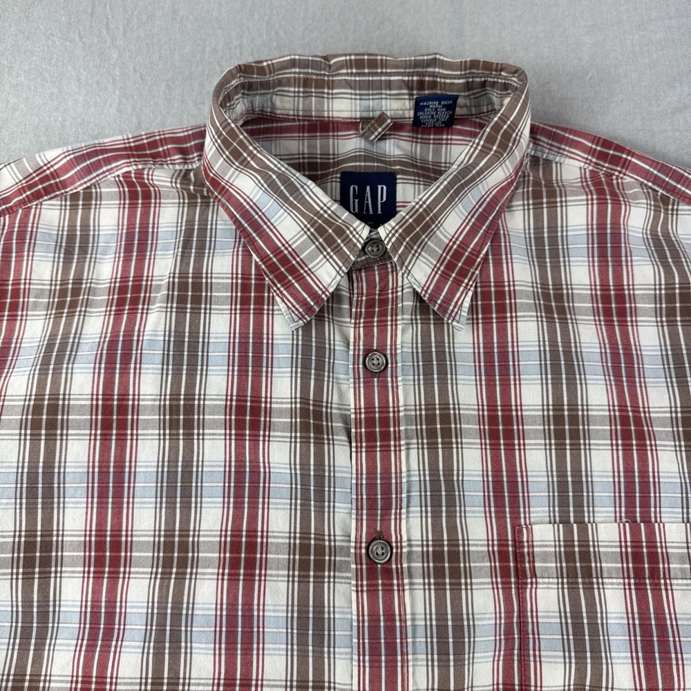 Gap Shirt Men XL Red Plaid Long Sleeve Button Up Vintage Cotton Casual Brown Red